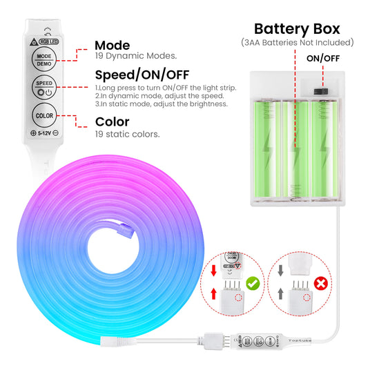3AA Battery Box RGB Neon LED Strip Light – 5V 108 LEDs/M Waterproof Flexible Neon Strip with Bluetooth & Remote Control