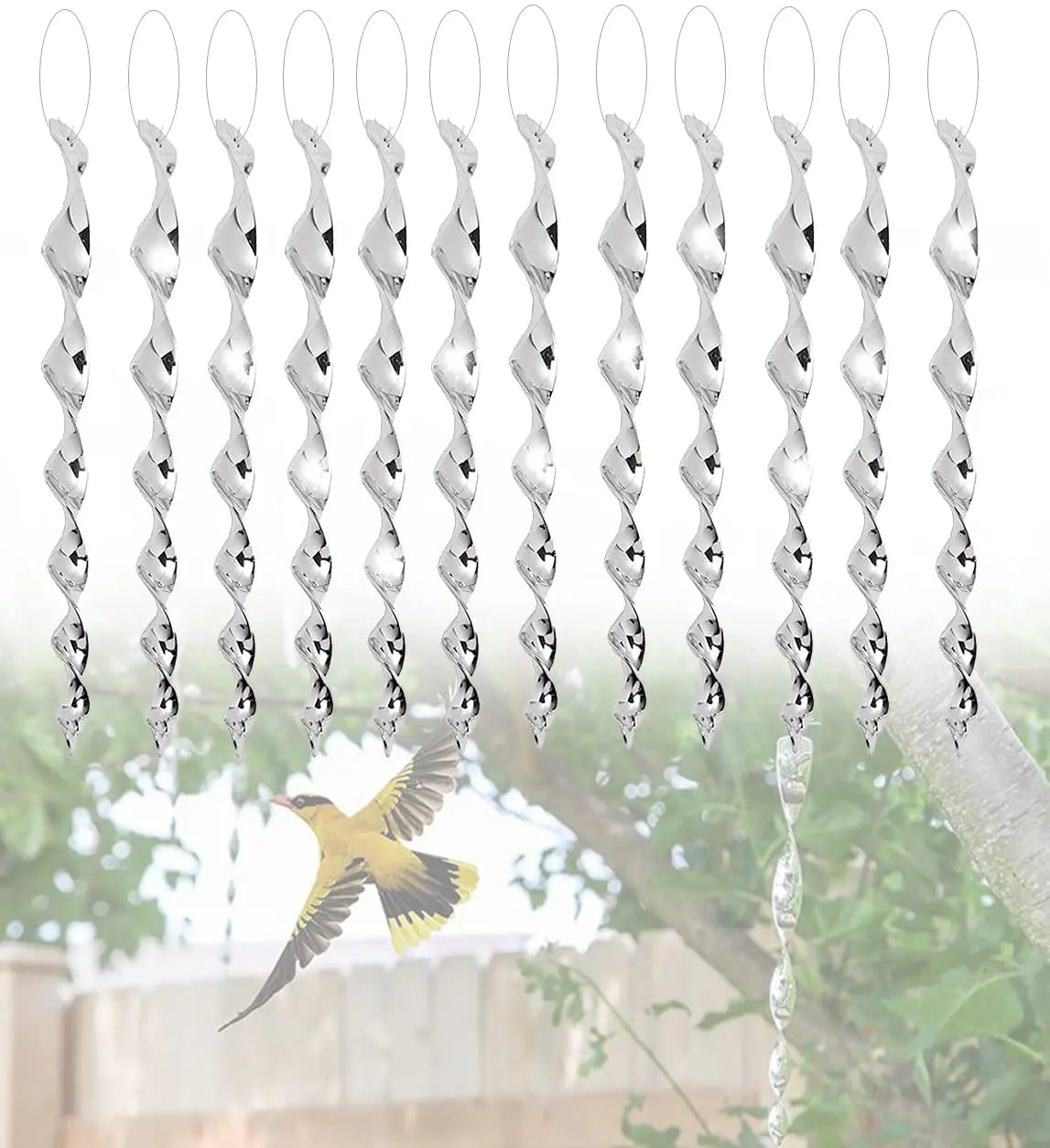 12Pcs Birds Repellent Reflective Rods Silver Spinner Bird Deterrent Device Hanging Ornament for Outdoor Garden Decor Supplies 12