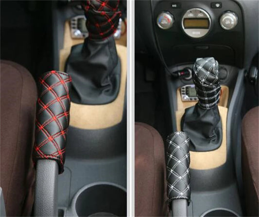 2 Pieces 2 In 1 Wine Red Leather Durable Car Auto Hand Brake Gear Shift Knob Interior Protect Cover Sleeve