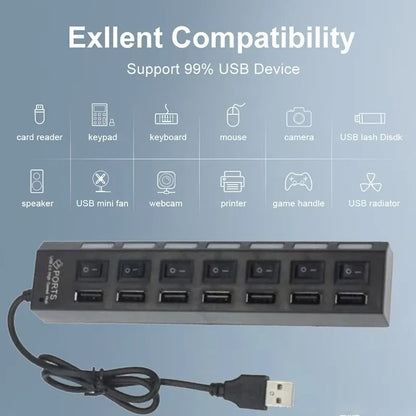 Switch Extension Hub 7-port USB2.0 Hub Computer USB Extension Hub One Drag Seven USB2.0 Splitter PC Laptop DesktopSwitch Extensi