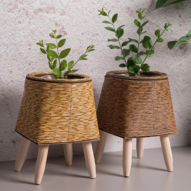 Nordic Rattan Plant Stand – Woven Flower Pot with Legs for Home & Garden