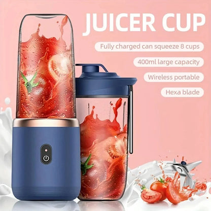 Electric Juicer with 6 Blades USB Portable Wireless Mini Smoothie Blender – Fruit Squeezer & Ice Crusher, 300ML Rechargeable Cup for Kitchen & Travel
