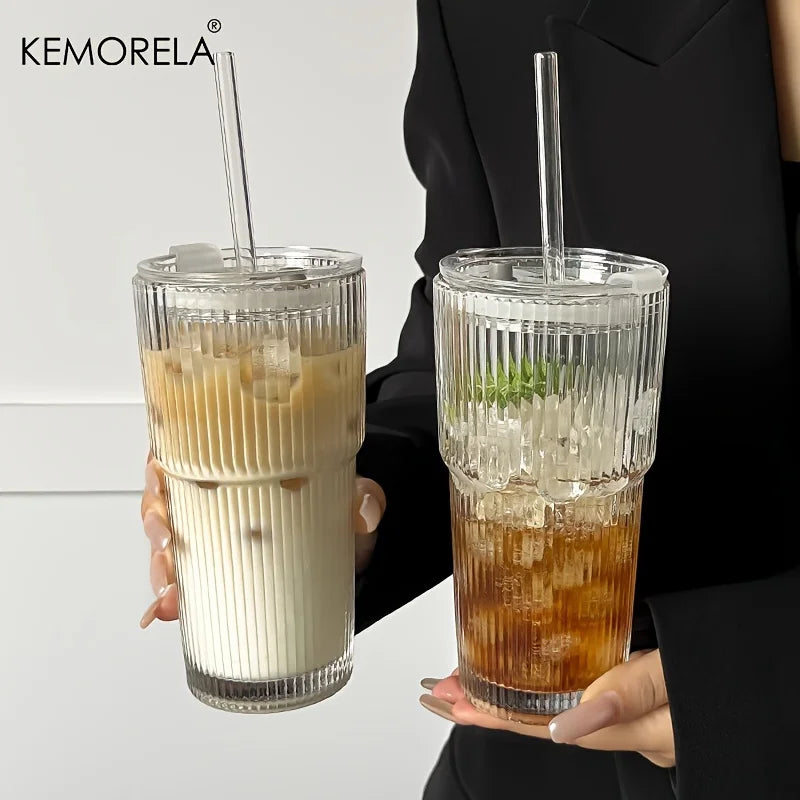 600ML Stripe Glass Coffee Cup with Lid – Transparent Juice & Iced Coffee Mug, Cold Drink Glassware without Straw