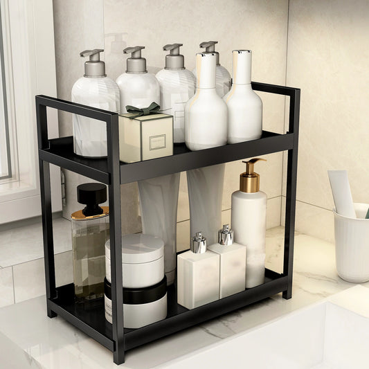 2-Tier Multifunctional Countertop Storage Rack – Large-Capacity Bathroom Cosmetic & Kitchen Spice Holder in Black and White