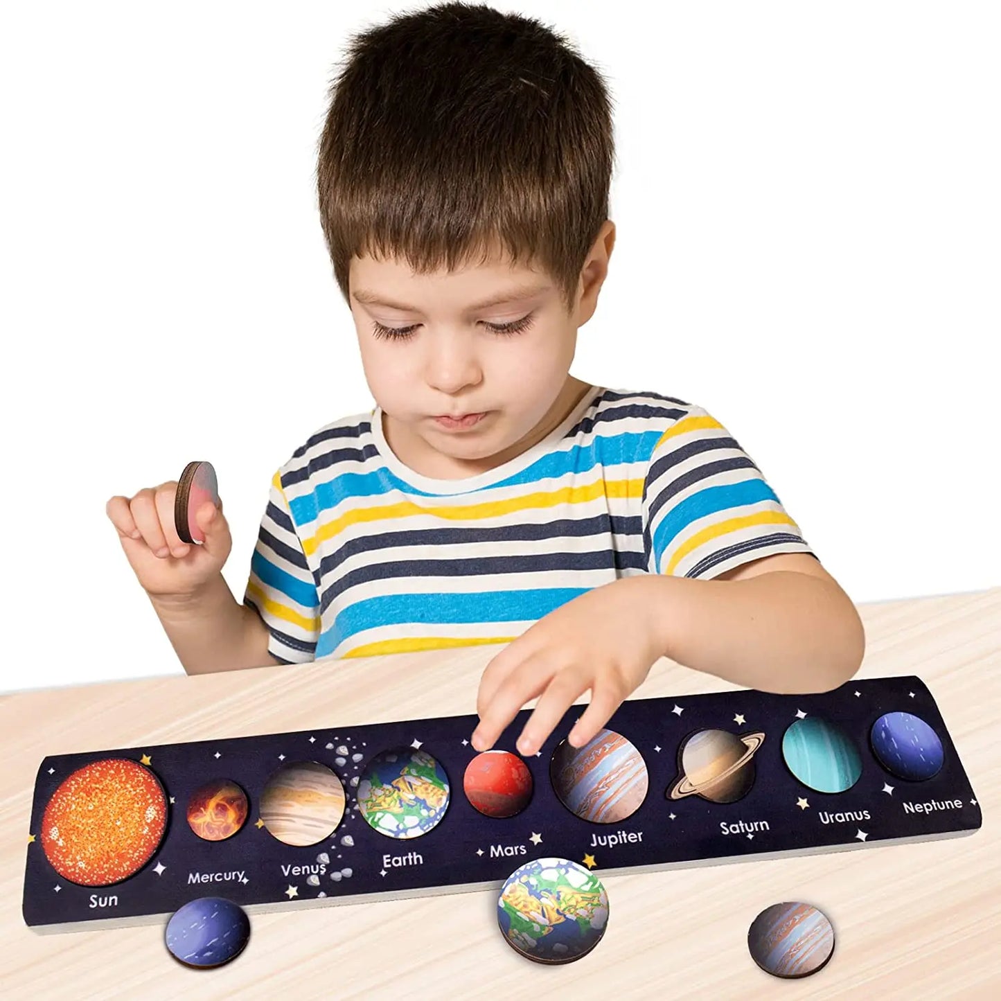 Children’s Wooden Planet Puzzle – Montessori Solar System Matching Game Toy