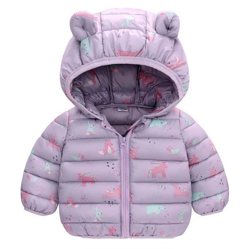 Children’s Lightweight Down Jacket with Hood – Boys Girls Autumn Dinosaur Print Coat