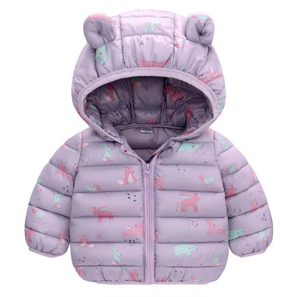 Children’s Lightweight Down Jacket with Hood – Boys Girls Autumn Dinosaur Print Coat