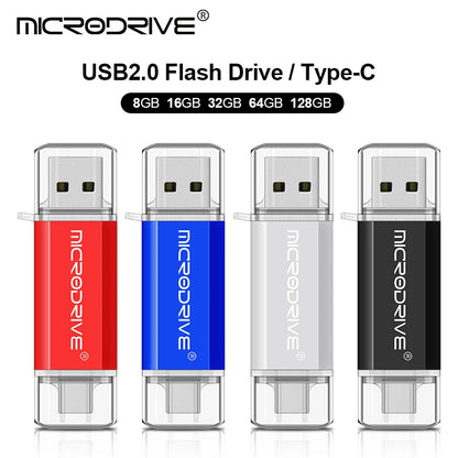 محرك أقراص فلاش USB من النوع C بتقنية OTG 2 في 1، يدعم USB 2.0 وMicro USB، متوفر بسعات 128 جيجابايت، 64 جيجابايت، 32 جيجابايت، 16 جيجابايت، 8 جيجابايت، و4 جيجابايت.