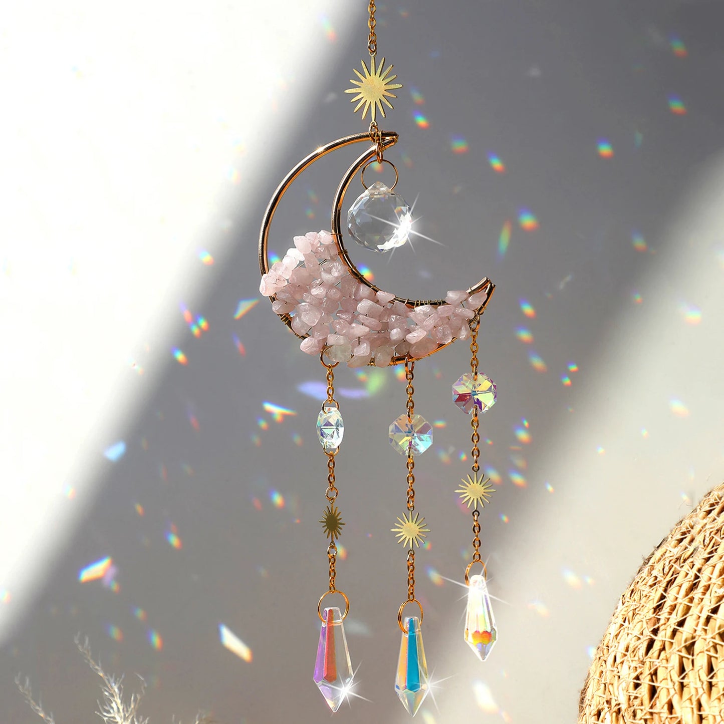 قطعة واحدة من زينة كريستالية بألوان قوس قزح، وزينة قمرية من الحجر الخام لتزيين المنزل، مناسبة لغرفة النوم أو الحديقة أو الشرفة. 