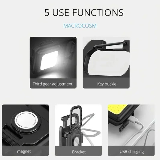 مصباح تخييم صغير الحجم قابل للحمل، مزود بسلسلة مفاتيح، متعدد الوظائف، قابل لإعادة الشحن، مزود بتقنية COB، مصباح طوارئ صغير عالي السطوع 
