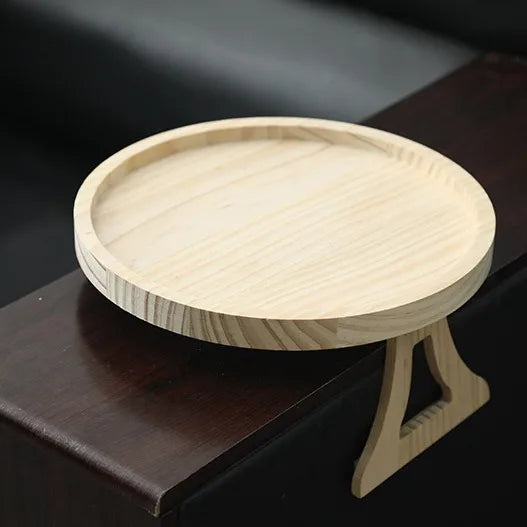 Wooden Sofa Armrest Clip-On Tray Table – Foldable Round Snack Side Table