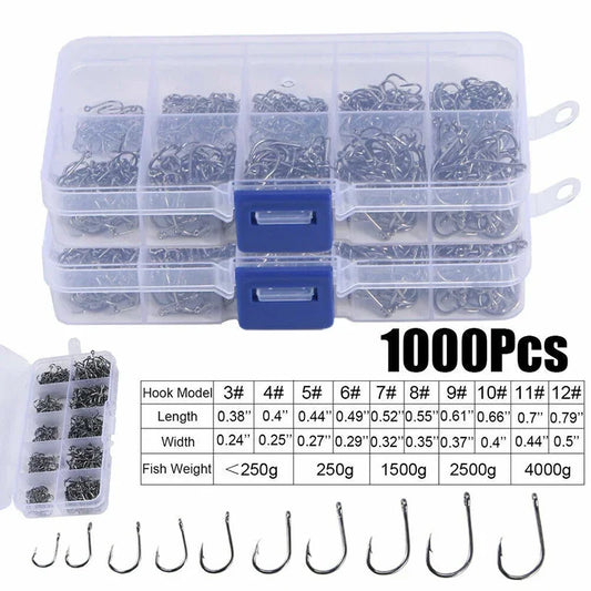High-Carbon Steel Fishing Hooks Set – 50 to 1600pcs Barbed Circle Hooks in Tackle Box (Sizes 3#–12#)