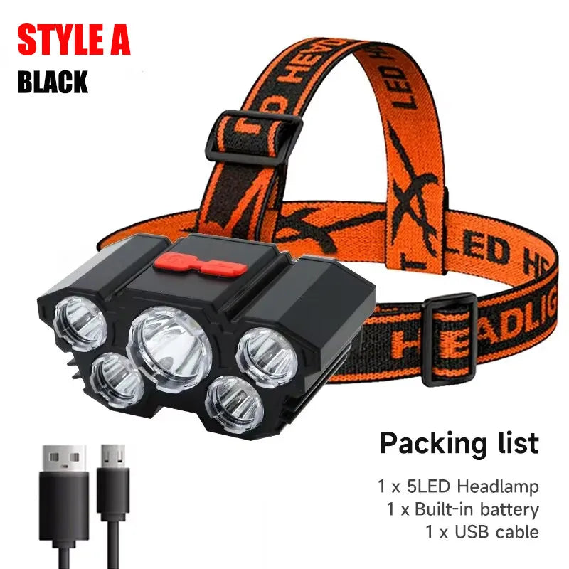 5 LED Rechargeable Headlamp with Built-in Lithium Battery – Waterproof Strong Headlight for Camping, Fishing & Cycling